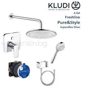 Душ система със смесител за вграждане Kludi Pure&Style, с душ пита Freshline 25 см и рамо за стена