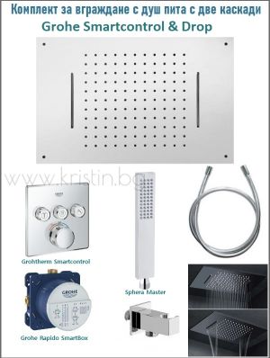 Комплект душ пита с две каскади за вграждане в таван, термостат Grohe Smartcontrol и ръчен душ Master