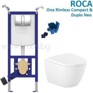 Структура за вграждане Roca Duplo Neo, бутон PL хром и  конзолна тоалетна чиния Ona Rimless Compact