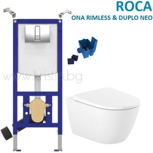Структура за вграждане Roca Duplo Neo, бутон PL хром и  конзолна тоалетна чиния Ona Rimless