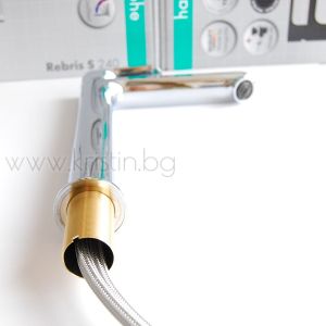 Висок, стоящ смесител за мивка Hansgrohe Rebris S 240, подходящ за монтаж върху плот  с  разстояние по чучура 240 мм.