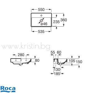 Мивка за баня 55х36 см Roca ONA Fineceramic Compact, за стенен монтаж или за върху мебел