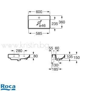 Мивка за баня 60х36 см Roca ONA Fineceramic Compact, за стенен монтаж или за върху мебел