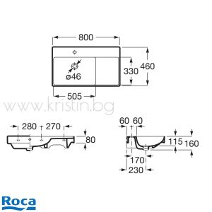 Мивка за баня 80х46 см Roca ONA Fineceramic, с десен плот, за стенен монтаж или за върху мебел