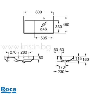 Мивка за баня 80х46 см Roca ONA Fineceramic, с ляв плот, за стенен монтаж или за върху мебел